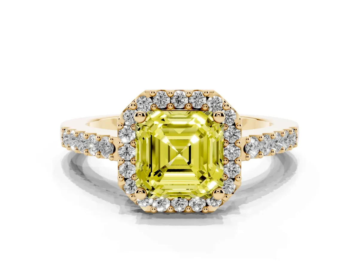 Fancy Yellow Asscher Cut Halo Diamond Pavé Solitaire Ring Yellow gold