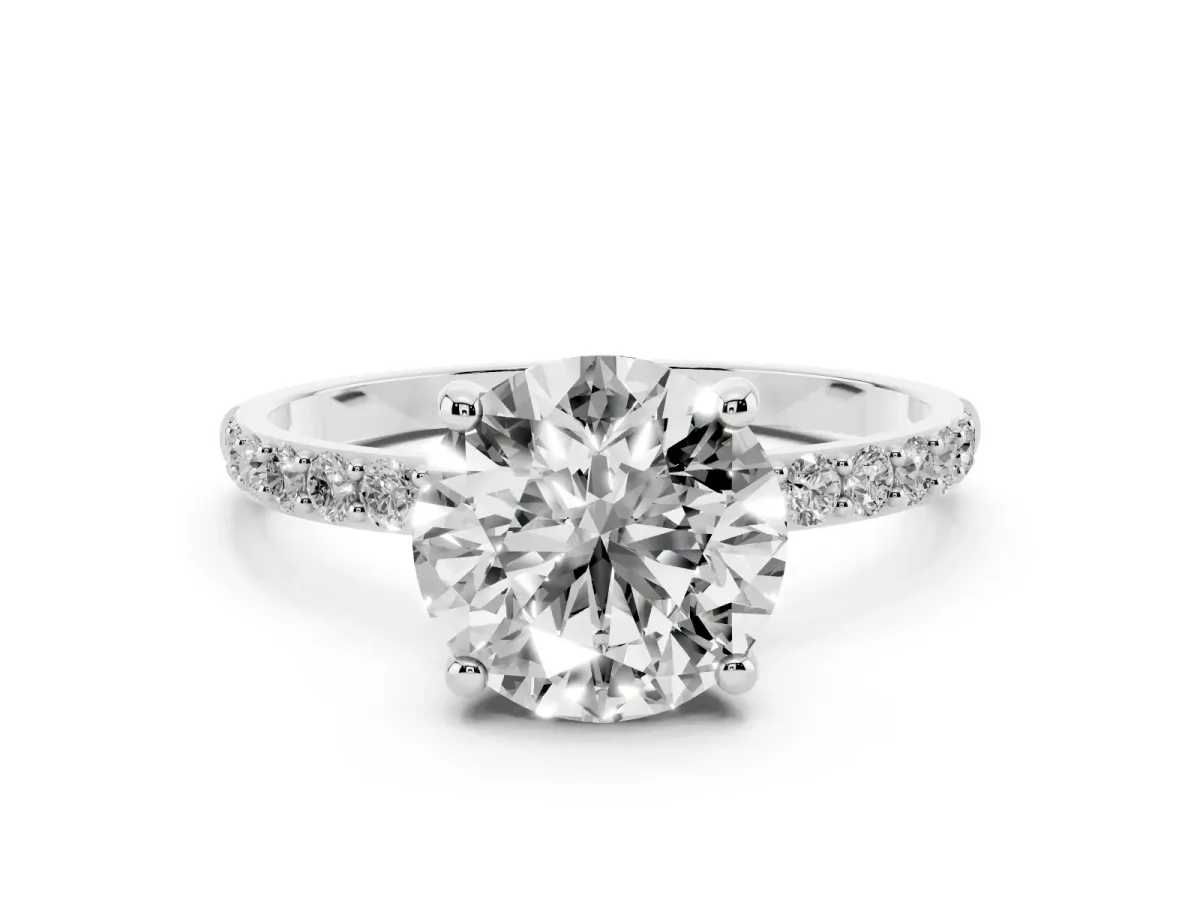 Round Cut Diamond Solitaire Ring with Round Pavé Band and Prong Setting Platinum