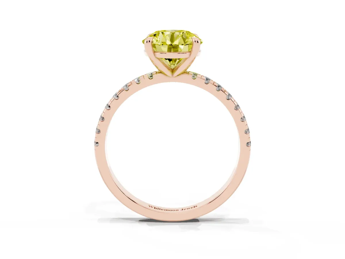 Fancy Yellow Round Cut Diamond Brilliant Solitaire Ring with Pavé Band and Four-Prong Setting Rose gold
