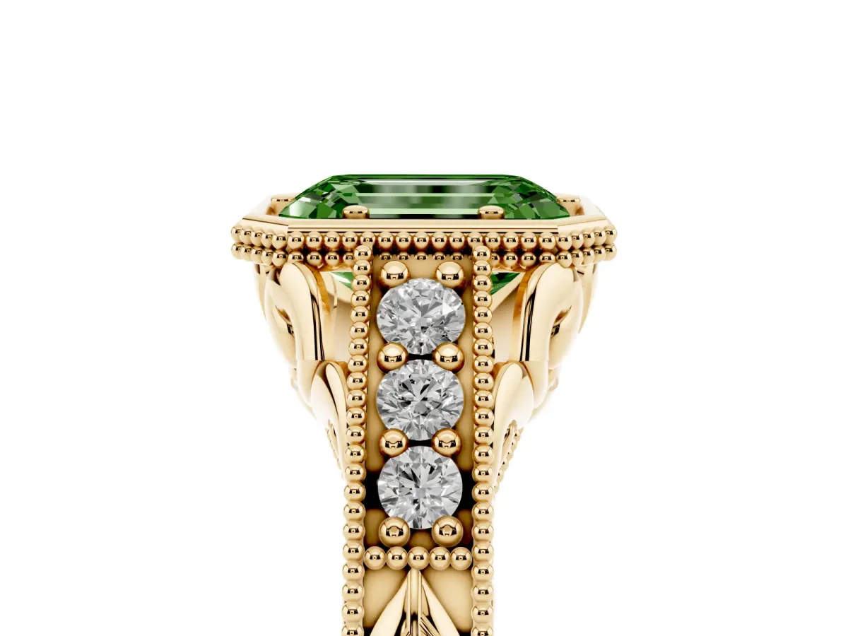 Fancy Green Bezel Set Emerald Cut Diamond Milgrain Pave Engagement Ring Yellow gold