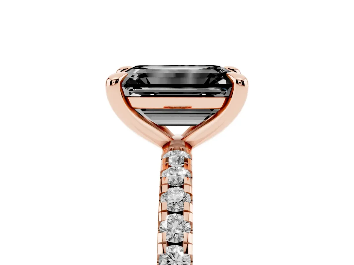 Fancy Black Emerald Cut Diamond Brilliant Solitaire Ring with Pavé Band and Four-Prong Setting Rose gold