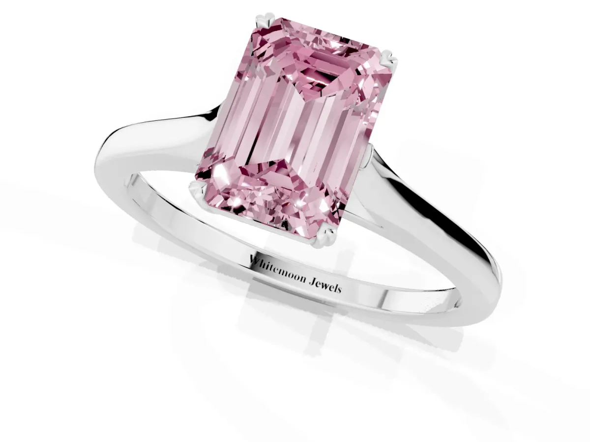 Fancy Pink Emerald Cut Solitaire Heart Prong Engagement Ring with Tapered Band White gold