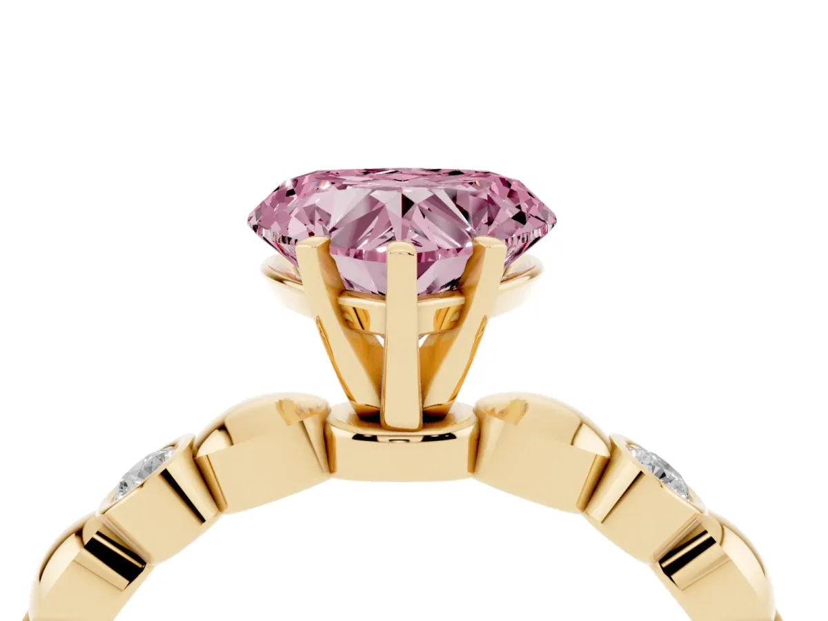 Fancy Pink Heart Cut Solitaire Bezel-Set Diamond Ring with Beaded Band and Four-Prong Setting Yellow gold