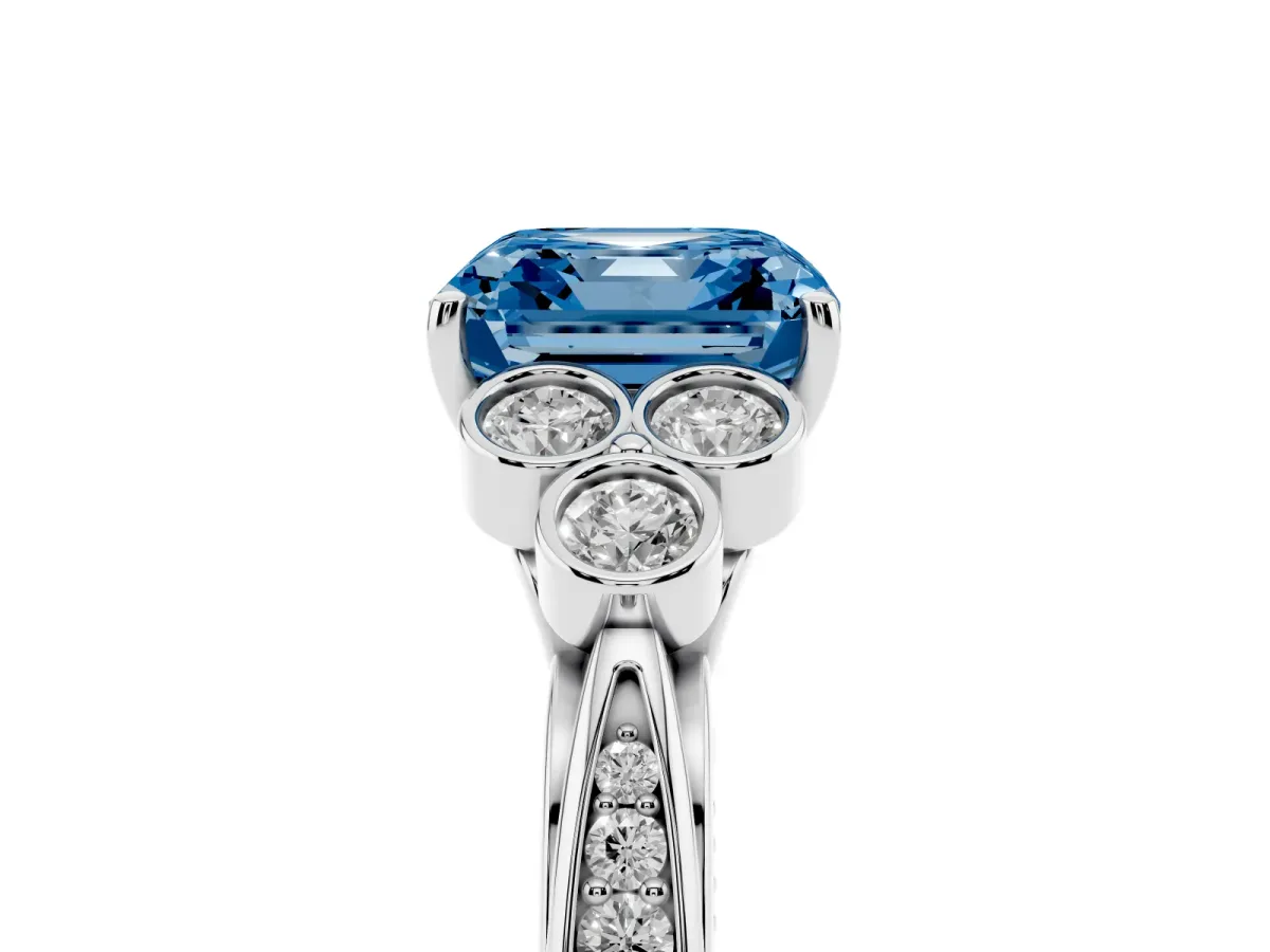 Fancy Blue Asscher Cut Cut Diamond Engagement Ring with Bezel Set Round Side Stones and Prong Setting Silver