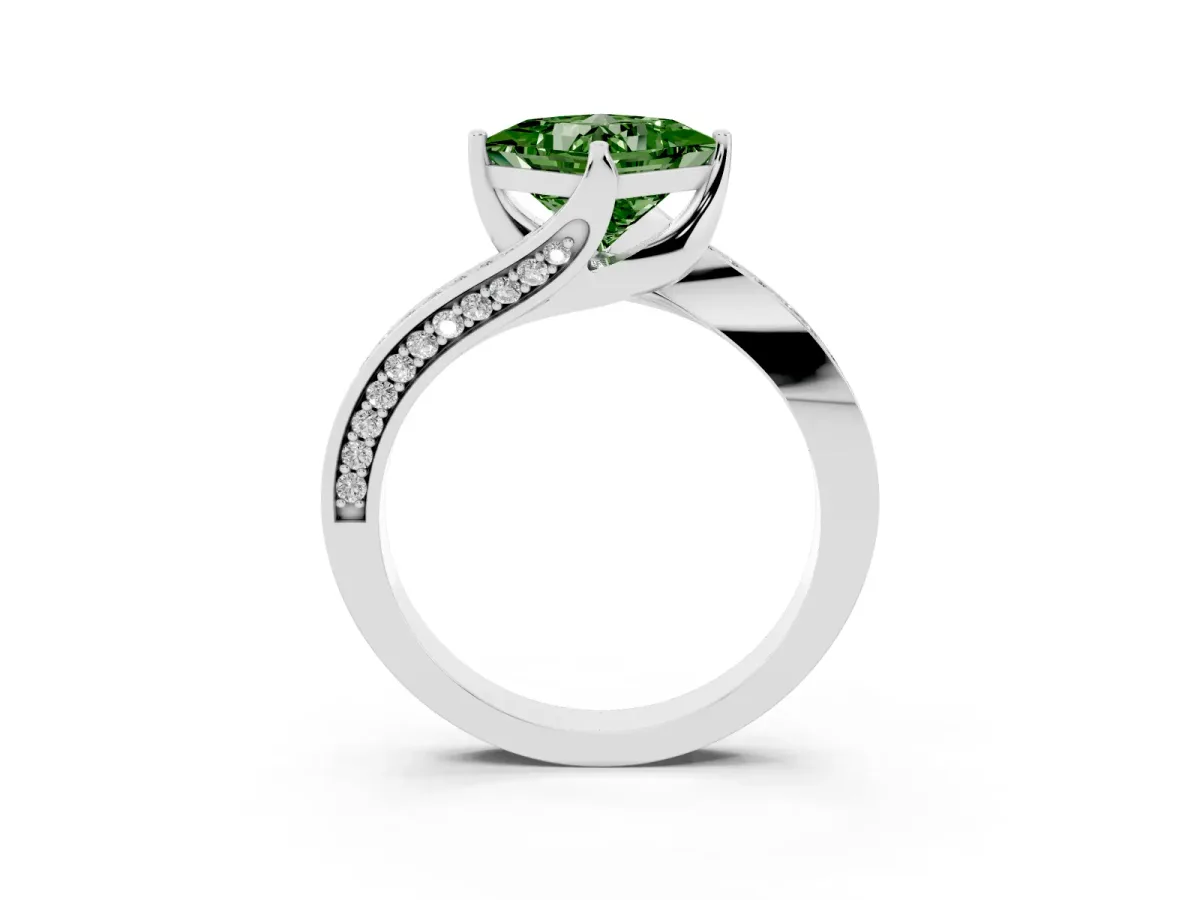Fancy Green Princess Cut Solitaire Diamond Twist Band with Pavé Setting and Four-Prong Setting Silver