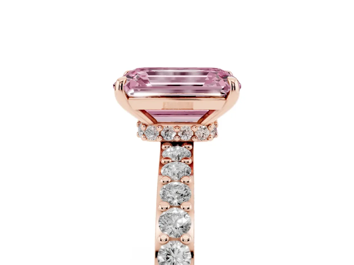 Fancy Pink Emerald Cut Diamond Pavé Engagement Ring with Round Accents and Prong Setting Rose gold