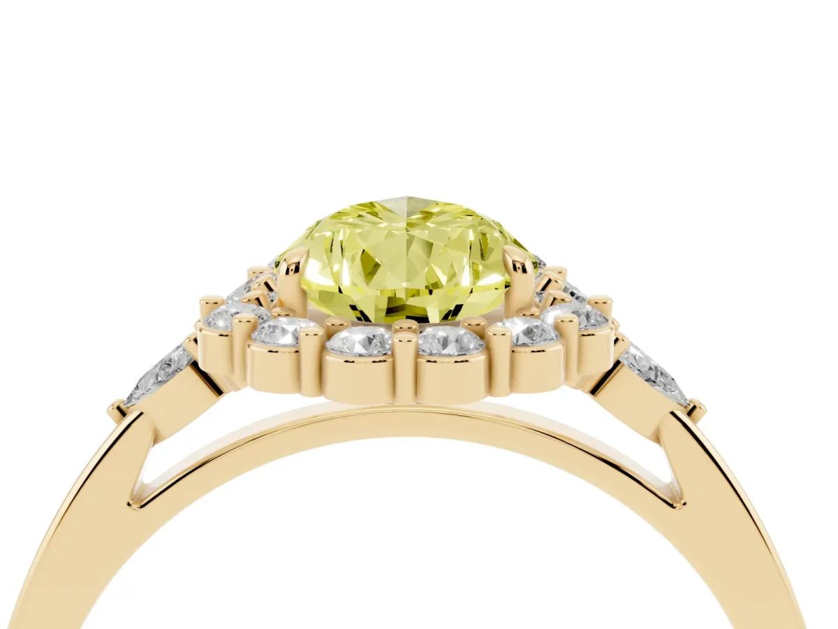 Fancy Yellow Pear Cut Diamond Halo Ring with Pear Side Stones and Prong Setting Yellow gold