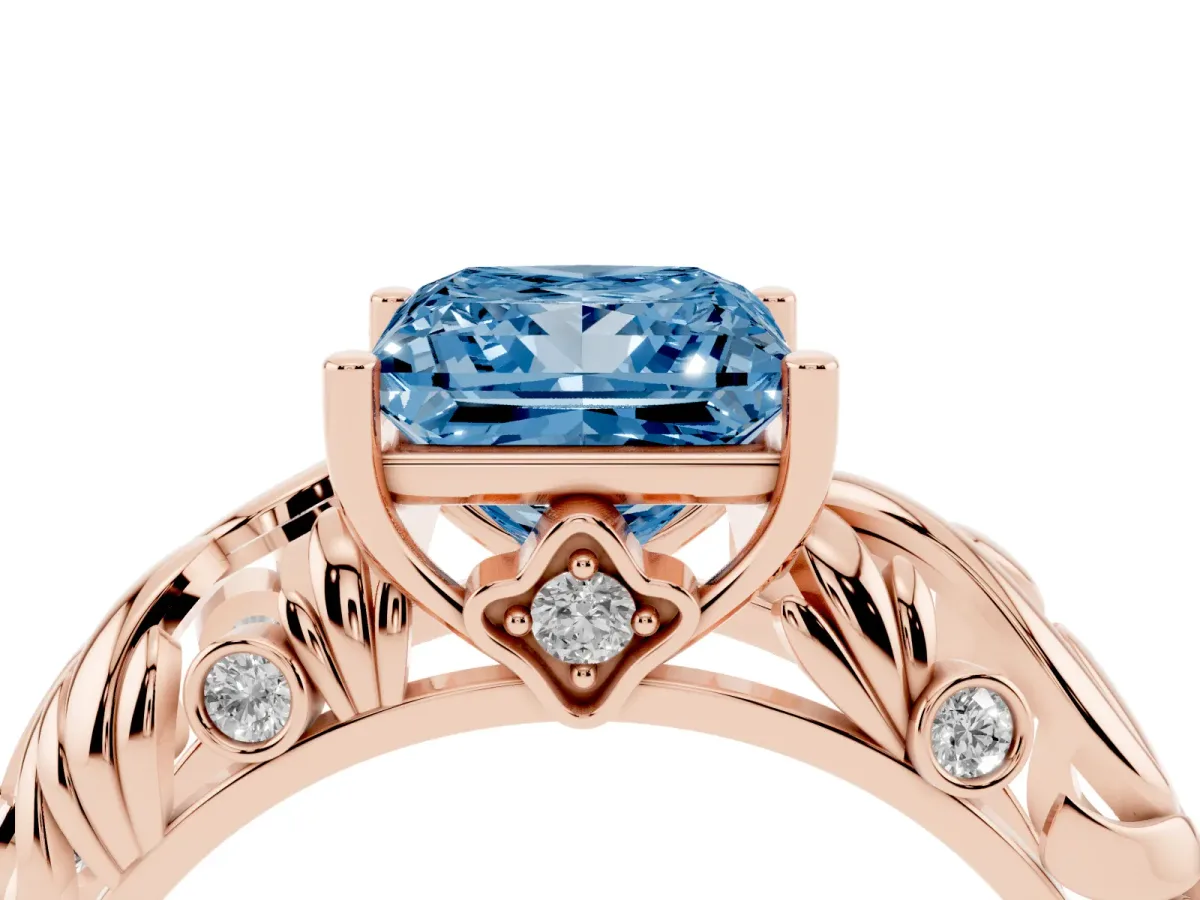 Fancy Blue Princess Cut Solitaire Diamond Leaf-Inspired Vine Band Ring with Prong Setting Rose gold