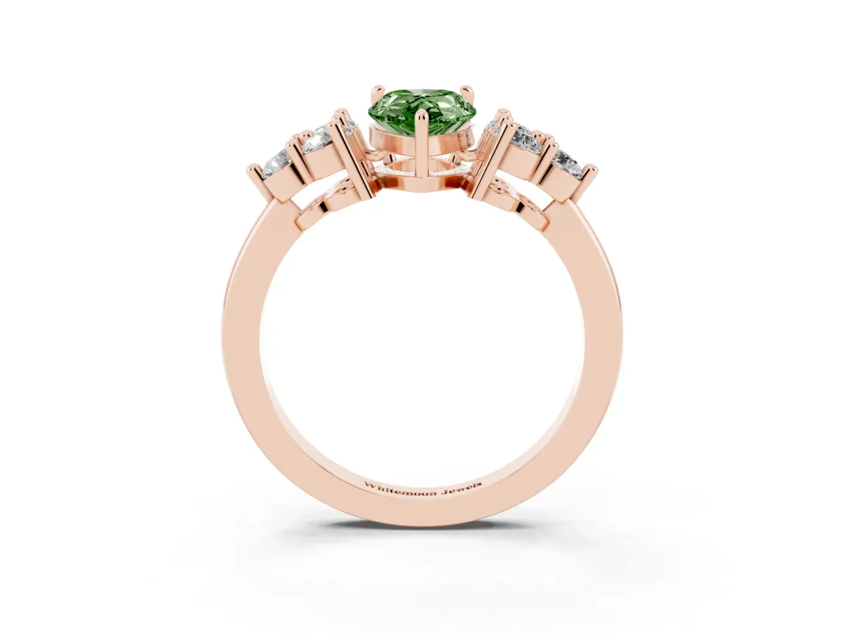 Fancy Green Pear Cut Brilliant Diamond Cluster Accent Solitaire Ring with Prong Setting Rose gold