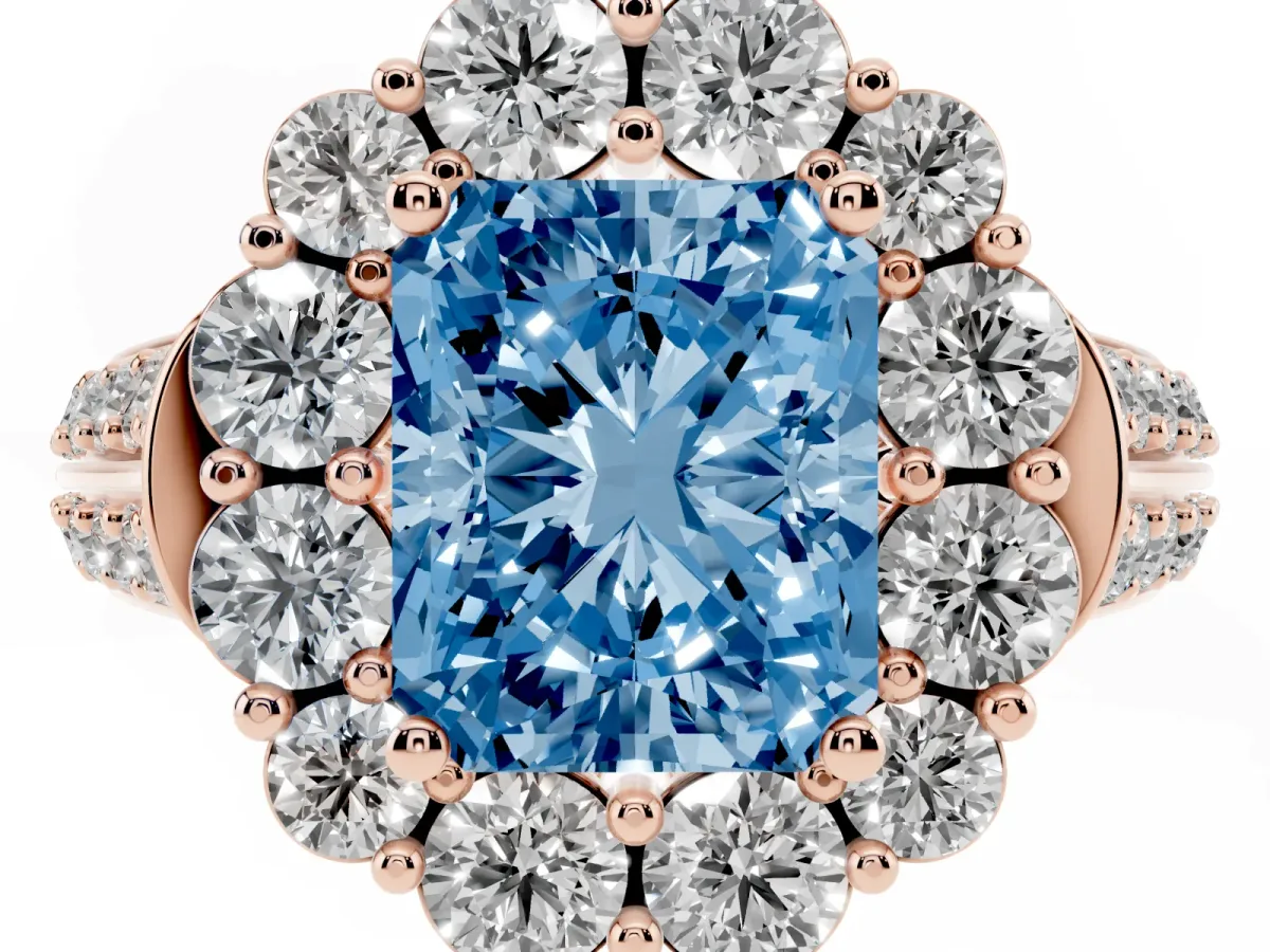Fancy Blue Radiant Cut Halo Diamond Engagement Ring with Split Shank and Prong Setting Rose gold