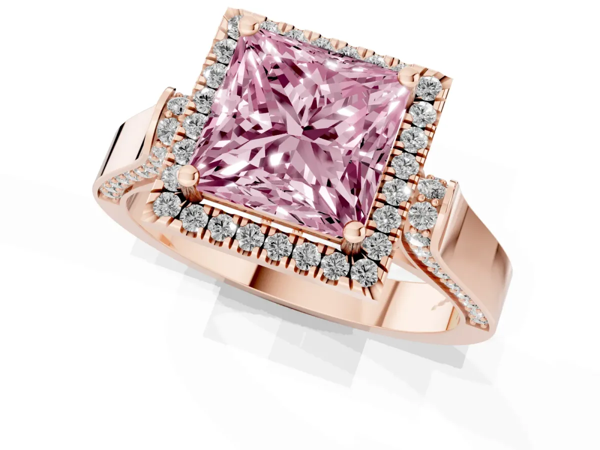 Fancy Pink Princess Cut Halo Round Diamond Twist Band with Four-Prong Setting Rose gold