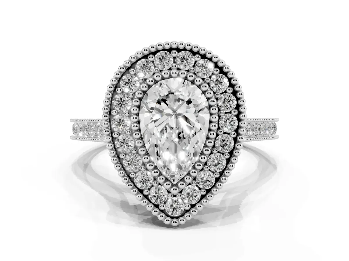 Pear Cut Diamond Halo Ring with Milgrain Frame and Pavé Band Silver