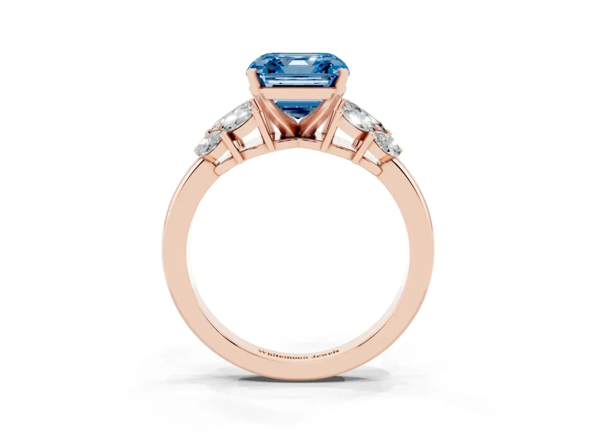 Fancy Blue Asscher Cut Diamond Cluster Leaf Design Ring with Prong Setting Rose gold