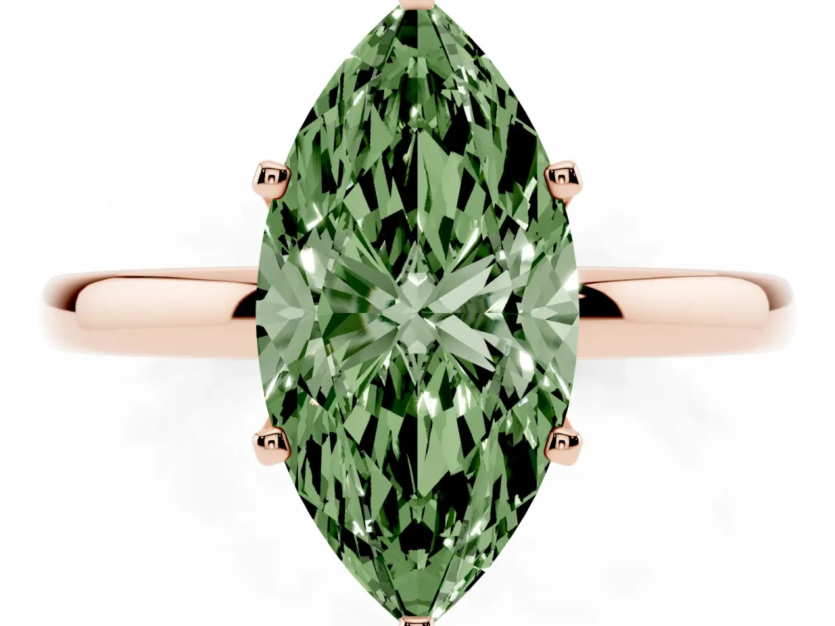 Fancy Green Marquise Cut Solitaire Diamond Ring with Six-Prong Setting on a Classic Band Rose gold