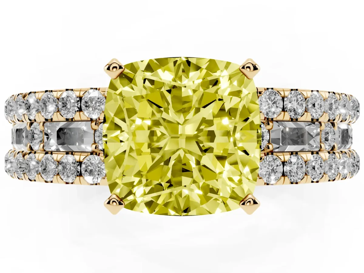 Fancy Yellow Cushion Cut Diamond Solitaire Ring with Pavé and Channel Set Band Yellow gold