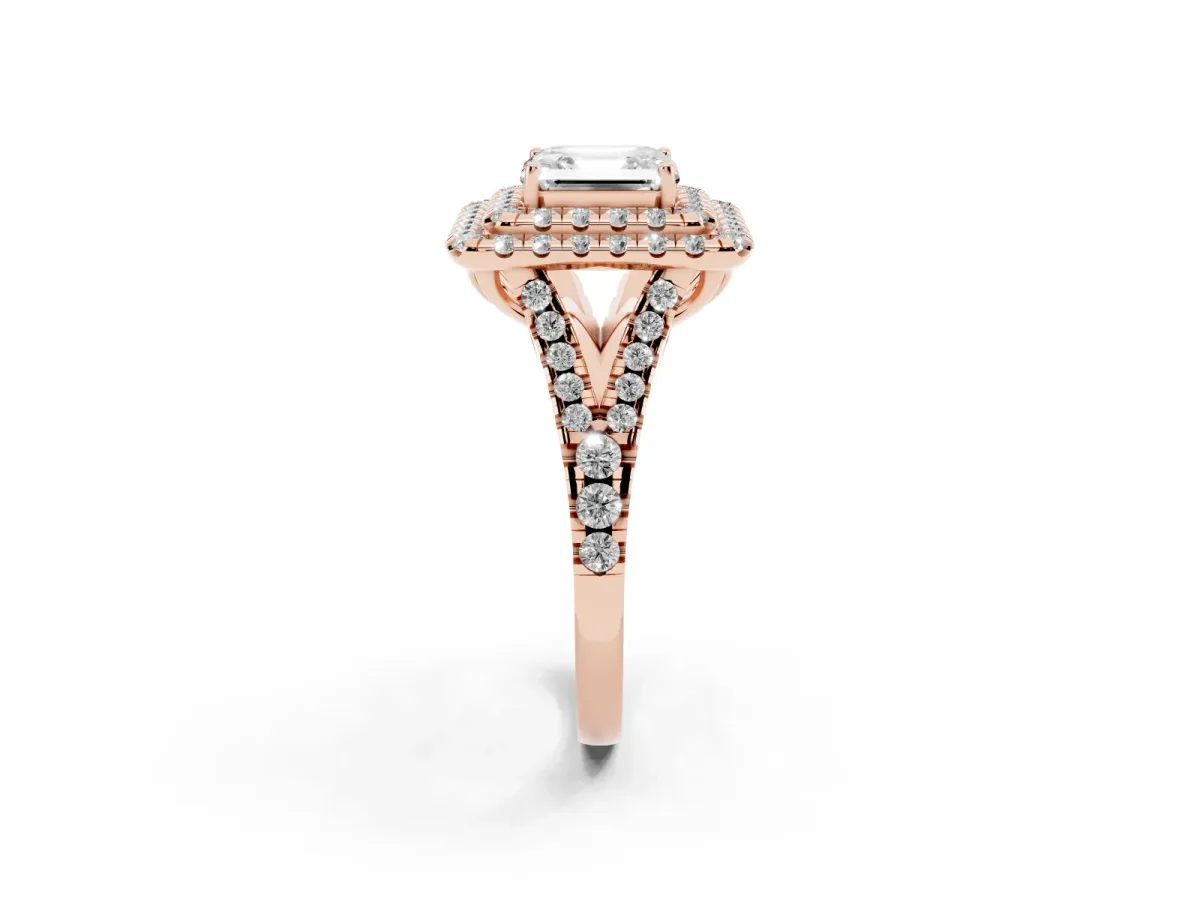 Double Halo Asscher Cut Diamond Pavé Split Shank Ring with Prong Setting Rose gold