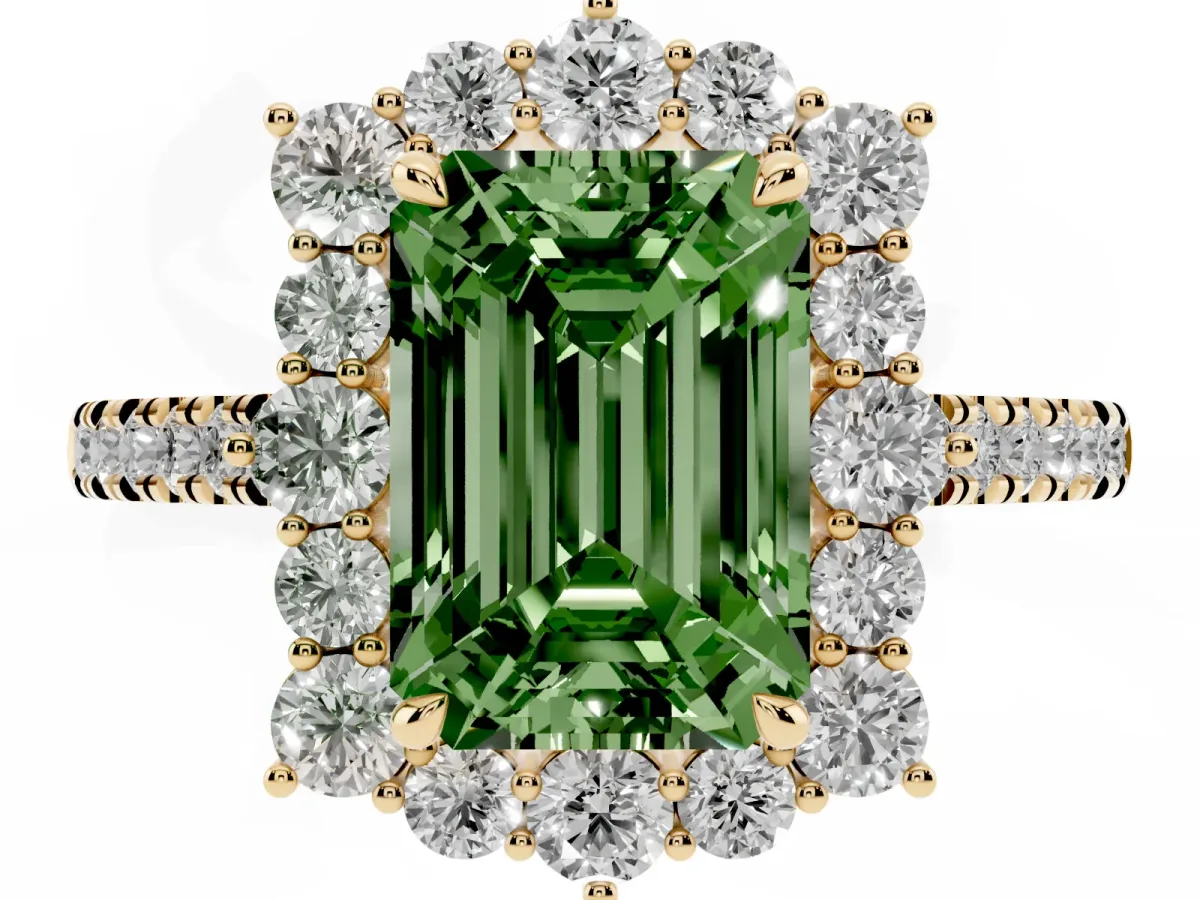 Fancy Green Emerald Cut Halo Diamond Ring with Pavé Band and Prong Setting Yellow gold
