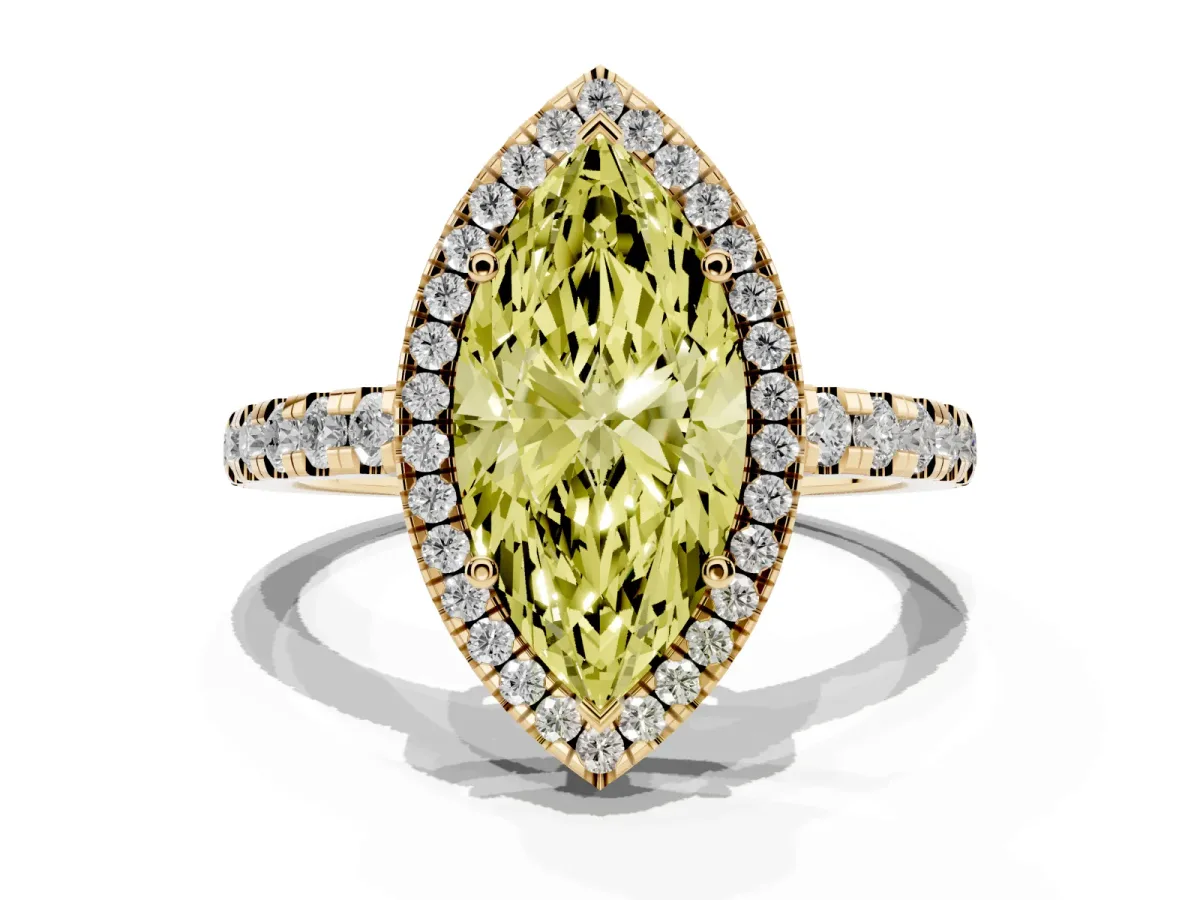 Fancy Yellow Marquise Cut Diamond Halo Ring with Pavé Band and Four-Prong Setting Yellow gold