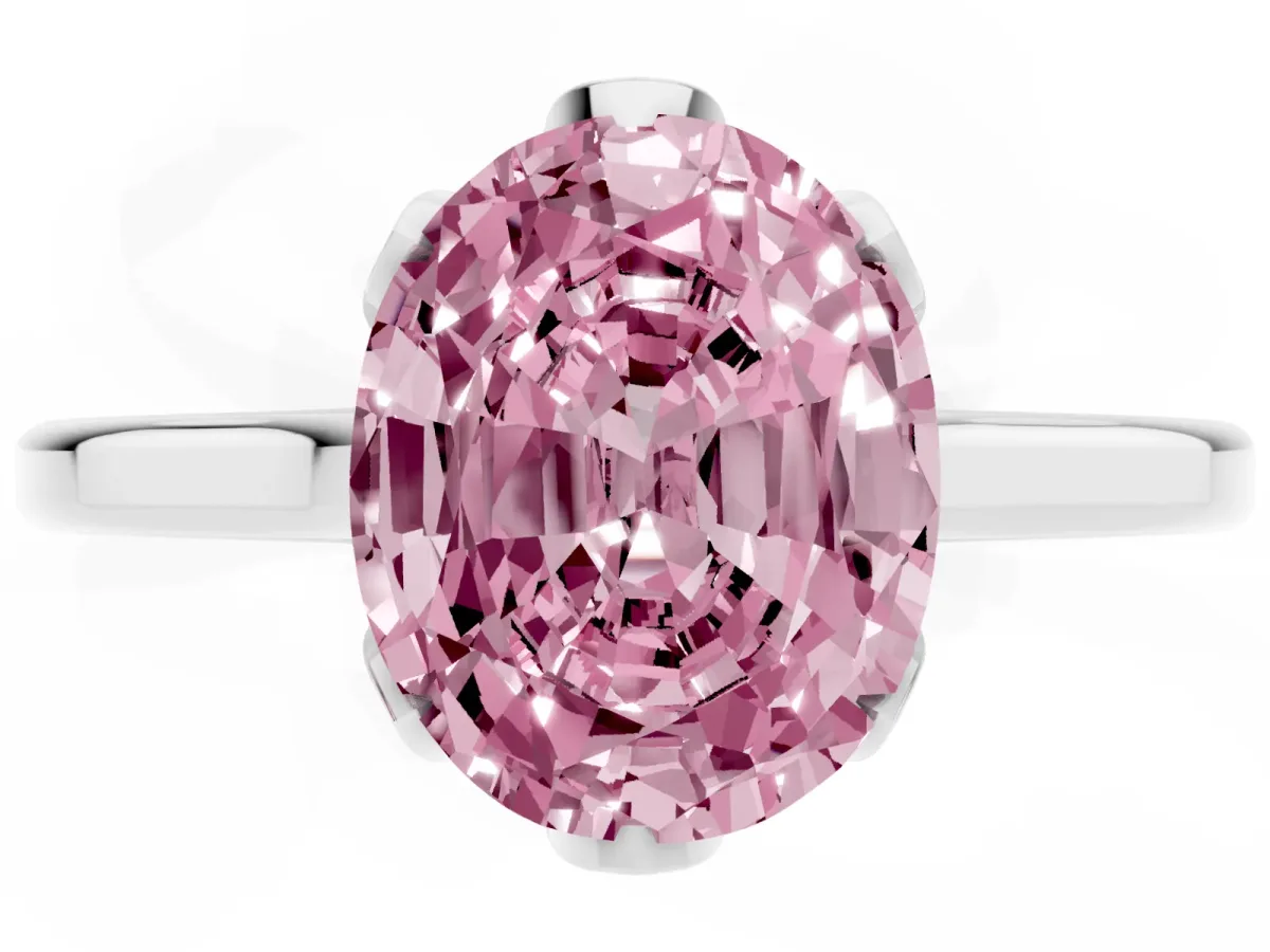 Fancy Pink Oval Cut Diamond Solitaire Ring with Flower Prong Setting and Classic Band Silver