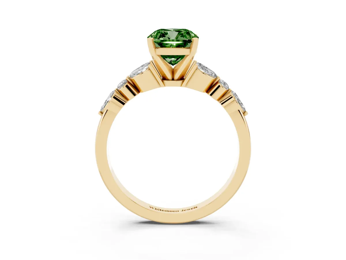 Fancy Green Cushion Cut Diamond Solitaire Ring with Side Stones and Four-Prong Setting Yellow gold
