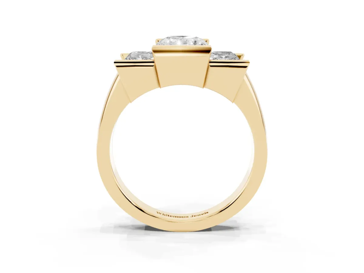 Three Stone Radiant Cut Cut Channel Set Diamond Ring Yellow gold