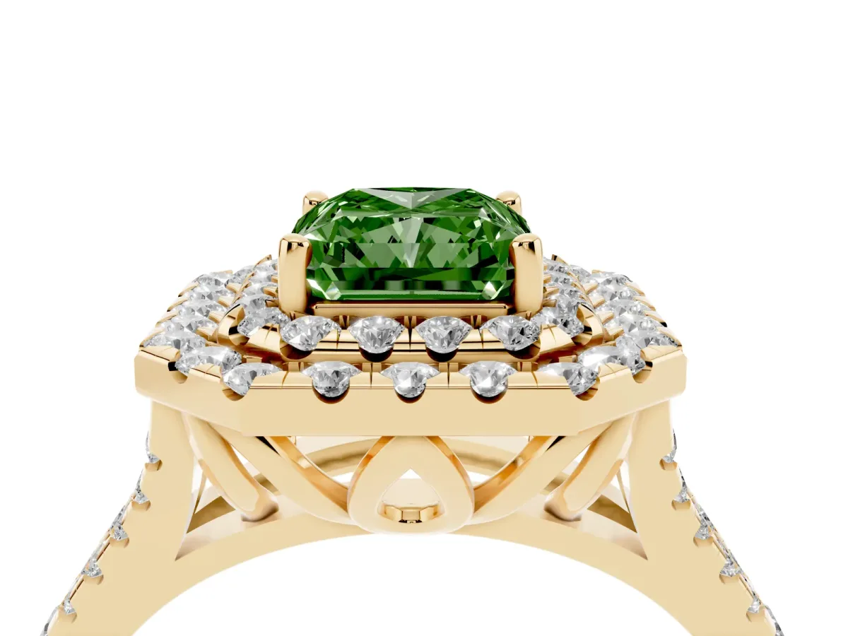 Fancy Green Double Halo Radiant Cut Diamond Pavé Split Shank Ring with Prong Setting Yellow gold