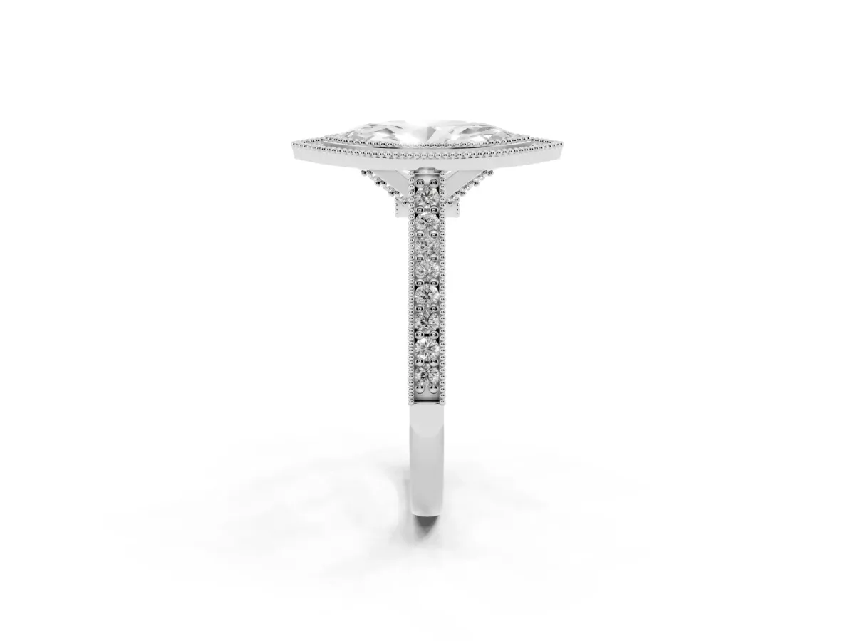 Halo Marquise Cut-Cut Diamond Pave Band Milgrain Prong Setting Ring Silver