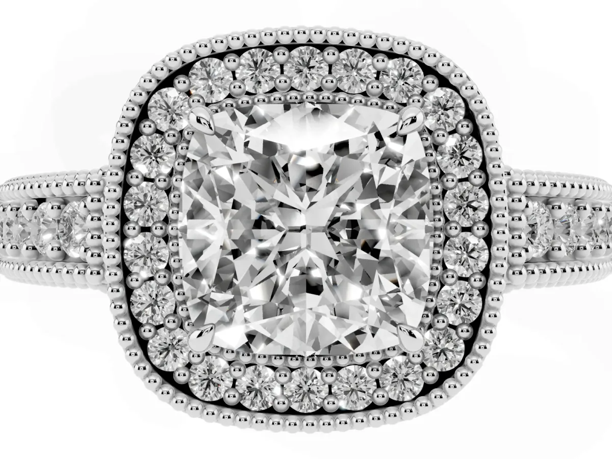 Cushion Cut Cut Halo Diamond Ring with Pavé Band and Four-Prong Setting Silver