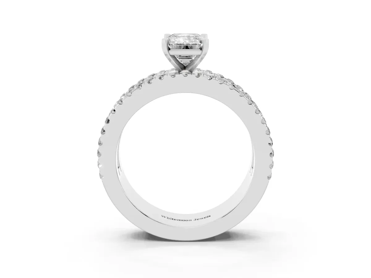 Emerald Cut Diamond Solitaire Ring with Pavé and Channel Set Band Silver
