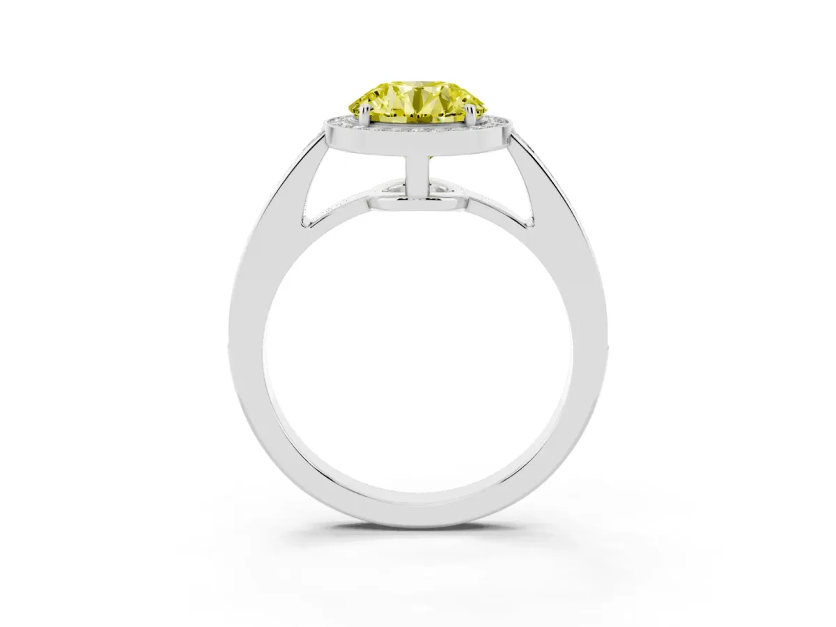 Fancy Yellow Round Cut Halo Pavé Diamond Engagement Ring with Bezel Setting Silver