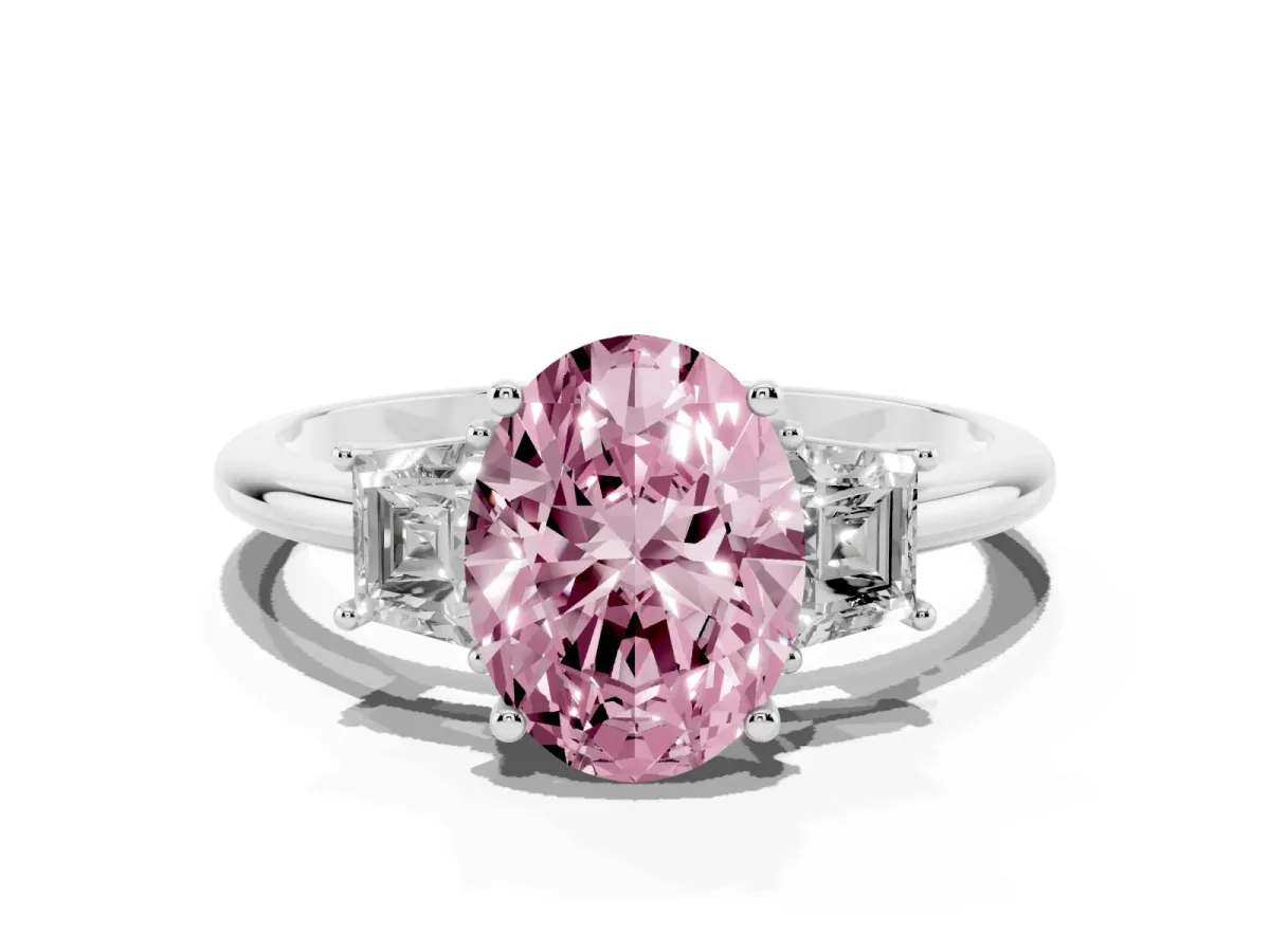 Fancy Pink Oval Cut Diamond Three-Stone Ring with Trapezoid Side Stones and Prong Setting Silver
