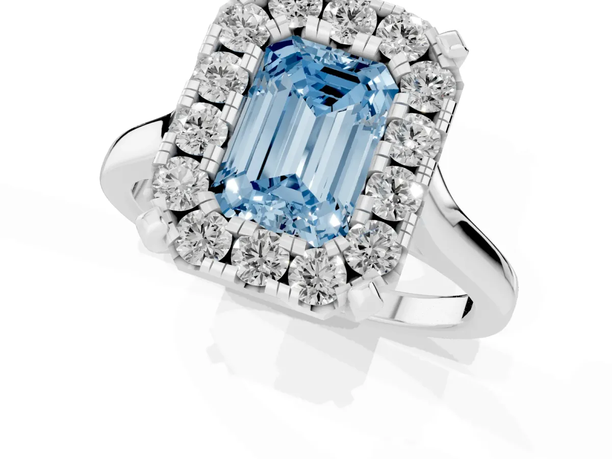 Fancy Blue Emerald Cut Diamond Cluster Halo Solitaire with Four-Prong Setting Platinum