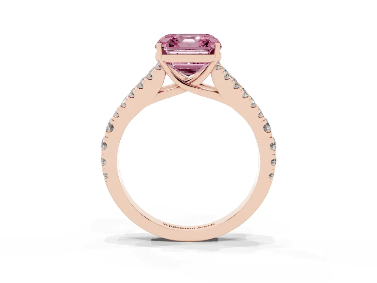 Fancy Pink Asscher Cut Diamond Split Shank Engagement Ring with Round Pavé and Prong Setting Rose gold