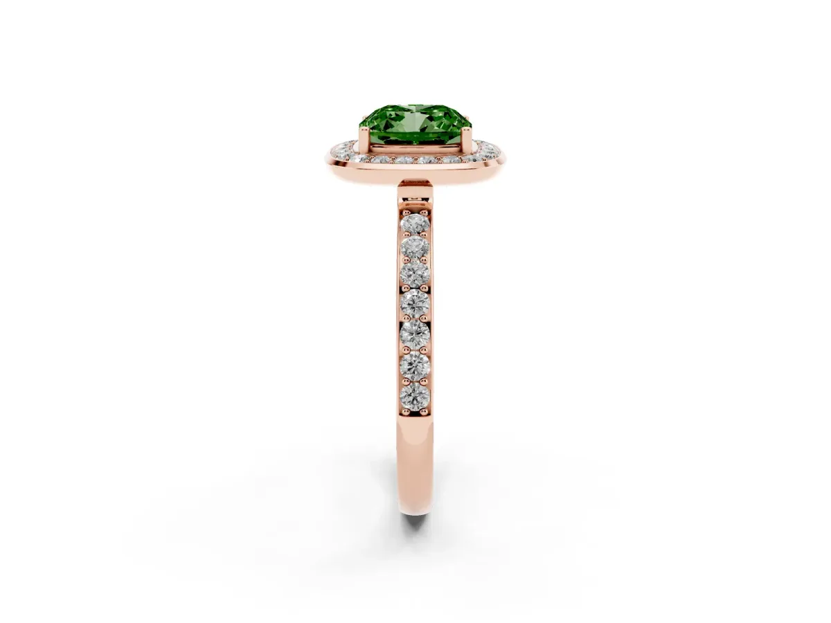 Fancy Green Cushion Cut Diamond Halo Ring with Bezel Frame and Pavé Band Rose gold