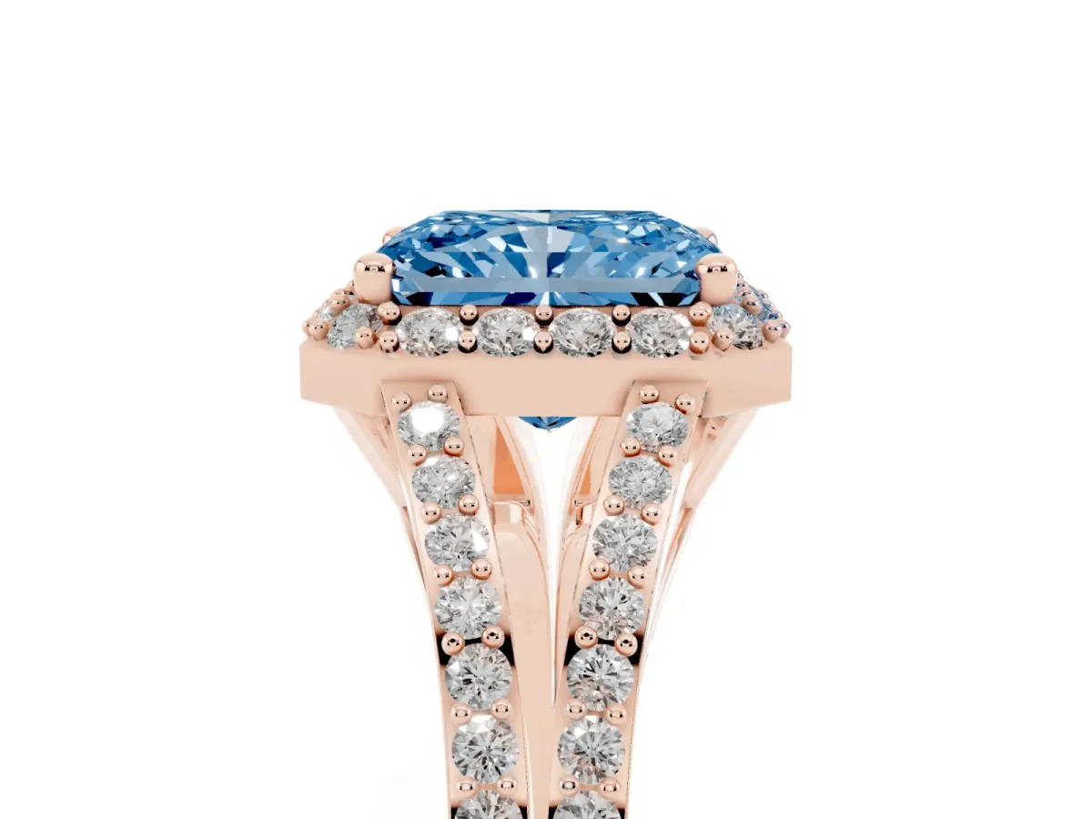 Fancy Blue Radiant Cut Halo Split Shank Pave Diamond Ring with Four-Prong Setting Rose gold