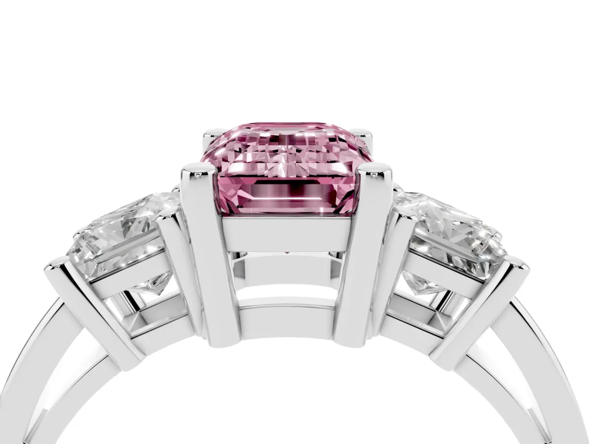 Fancy Pink Three-Stone Emerald Cut Cut Solitaire Ring with Prong Setting Silver