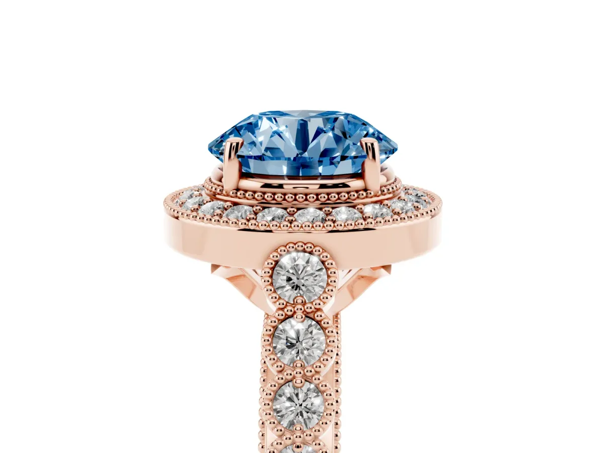 Fancy Blue Round Cut Halo Milgrain Solitaire with Bezel Set Side Stones and Pave Band Rose gold