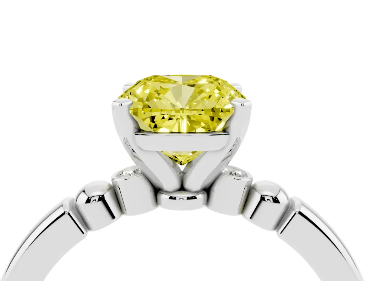 Fancy Yellow Cushion Cut Solitaire Beaded Band with Four-Prong Setting Silver