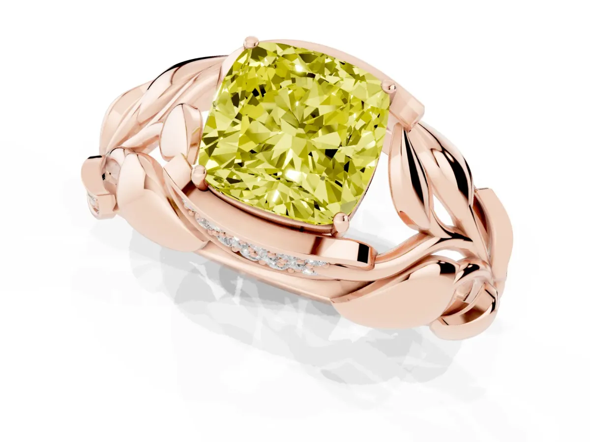 Fancy Yellow Cushion Cut Diamond Leaf-Inspired Engagement Ring with Round Accents and Prong Setting Rose gold