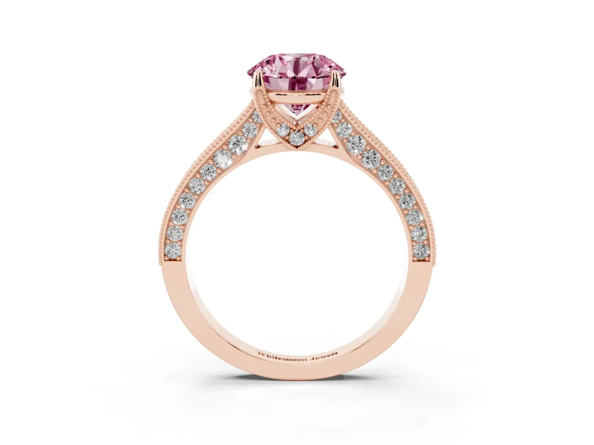 Fancy Pink Round Cut Cut Diamond Solitaire Ring with Milgrain Pave Band and Four Prong Setting Rose gold