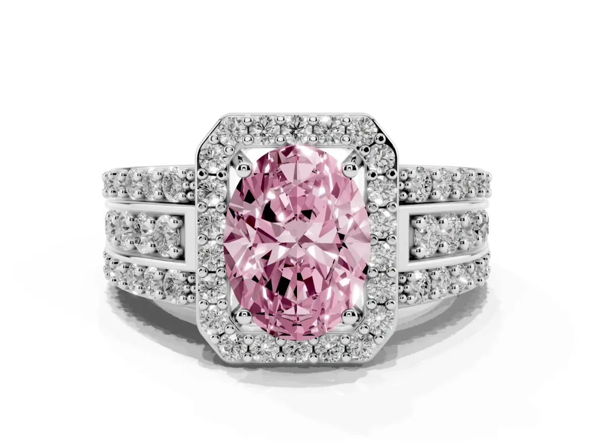 Fancy Pink Oval Cut Halo Diamond Ring with Round Split Shank and Prong Setting Platinum