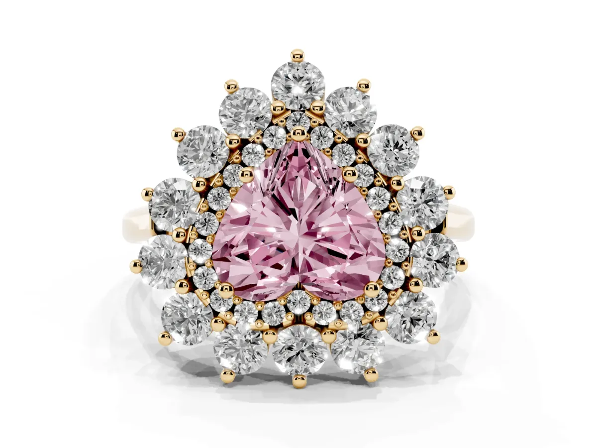Fancy Pink Heart Cut Diamond Floral Double Halo Engagement Ring with Prong Setting Yellow gold