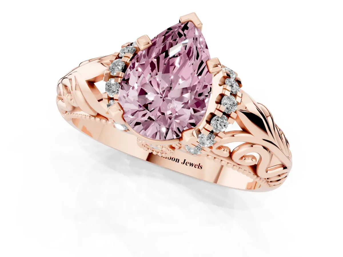 Fancy Pink Pear Cut Solitaire Filigree Engagement Ring with Halo and Prong Setting Rose gold