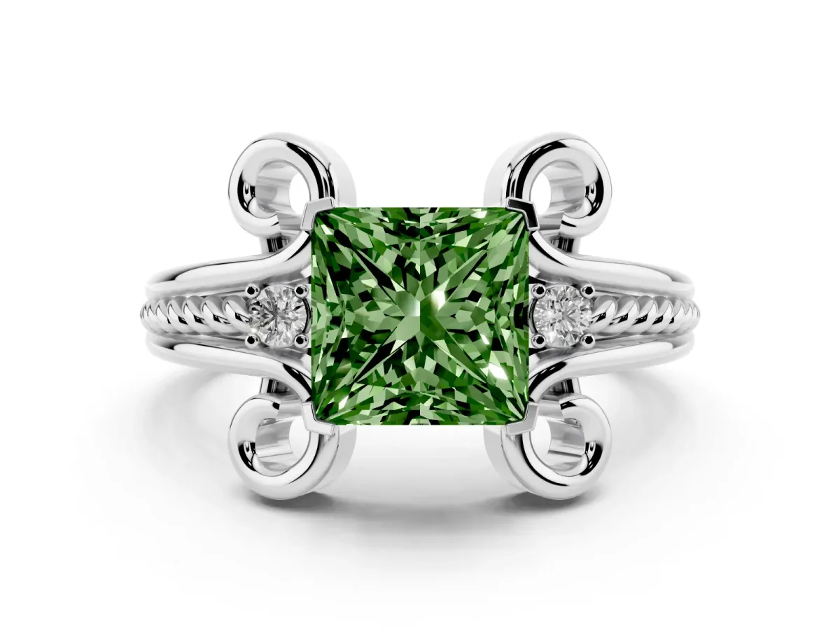 Fancy Green Princess Cut Solitaire Twisted Band Scroll Prong Ring Silver