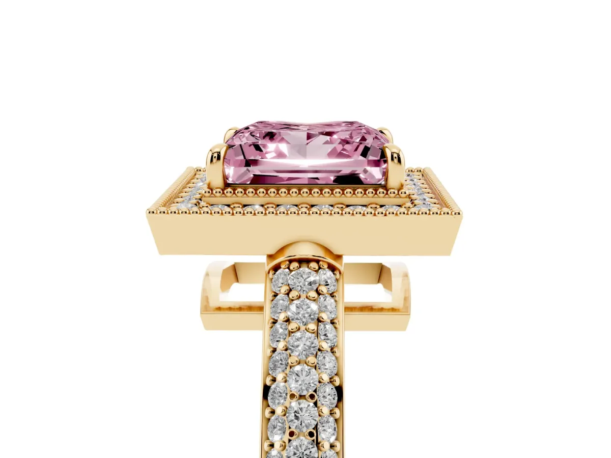 Fancy Pink Princess Cut Cut Halo Diamond Pave Band with Four-Prong Setting Yellow gold
