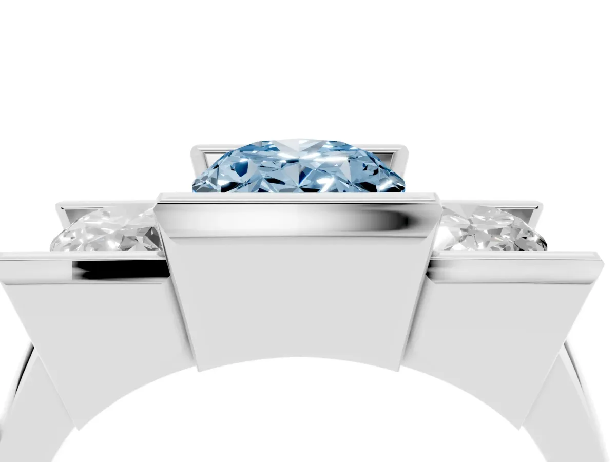Fancy Blue Three Stone Oval Cut Cut Channel Set Diamond Ring Platinum