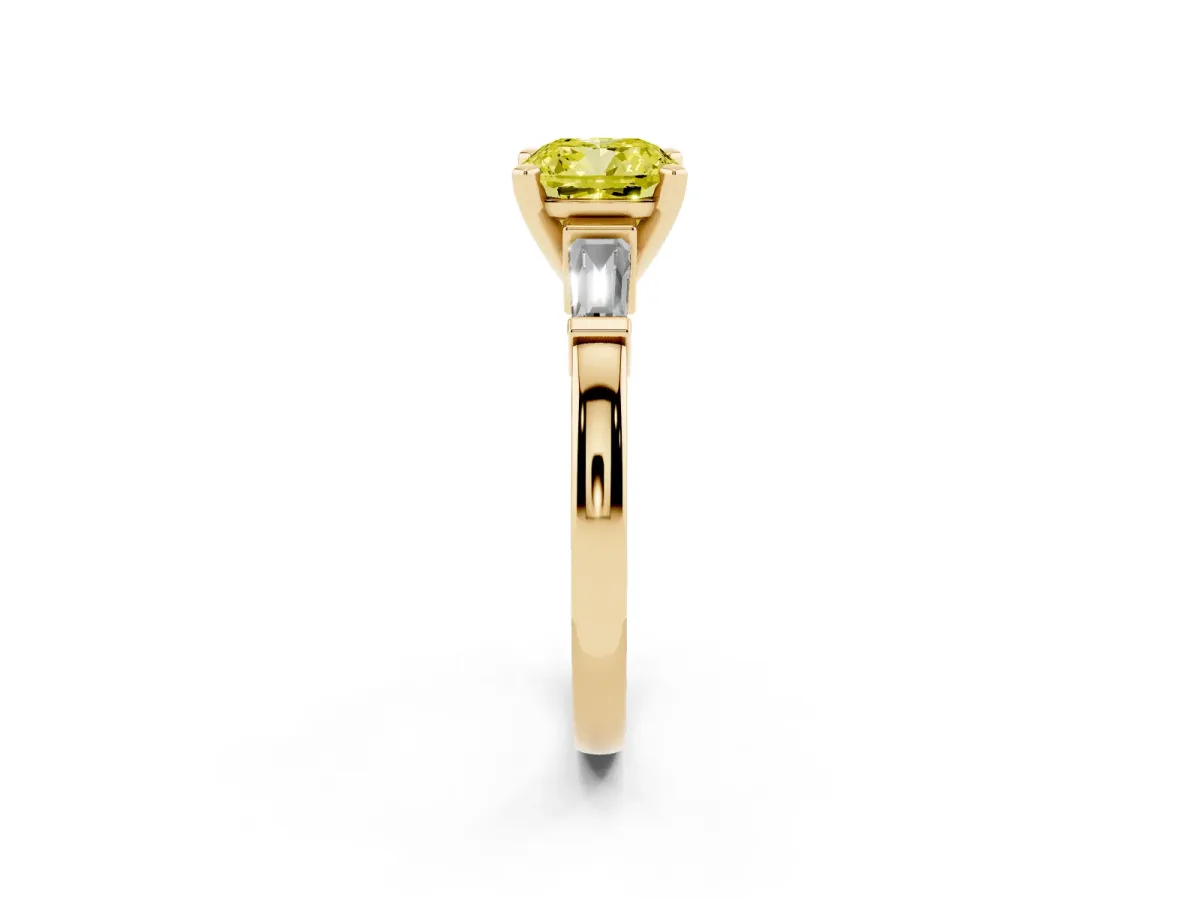 Fancy Yellow Cushion Cut Cut Diamond Solitaire Ring with Tapered Baguette Accents and Four-Prong Setting Yellow gold