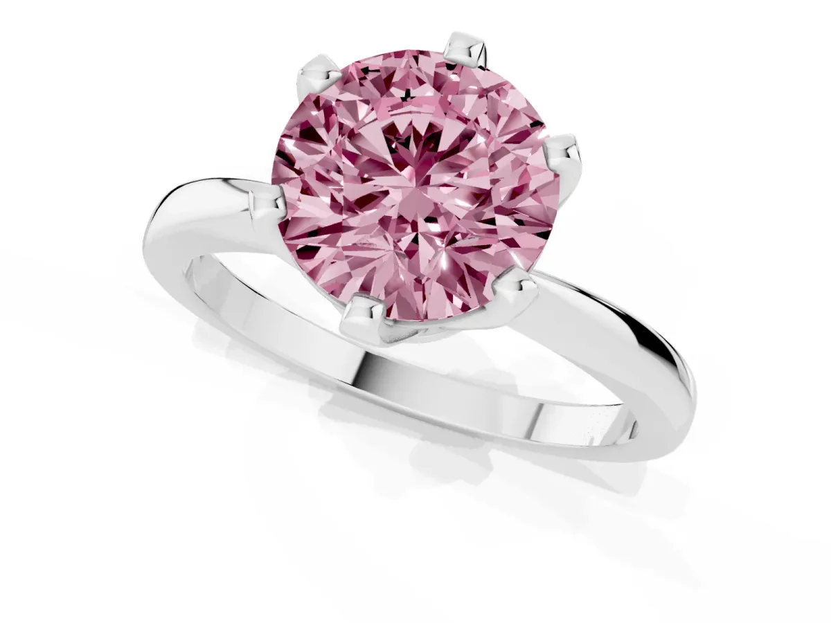 Fancy Pink Round Cut Solitaire Engagement Ring with Six-Prong Setting and Tapered Band Platinum