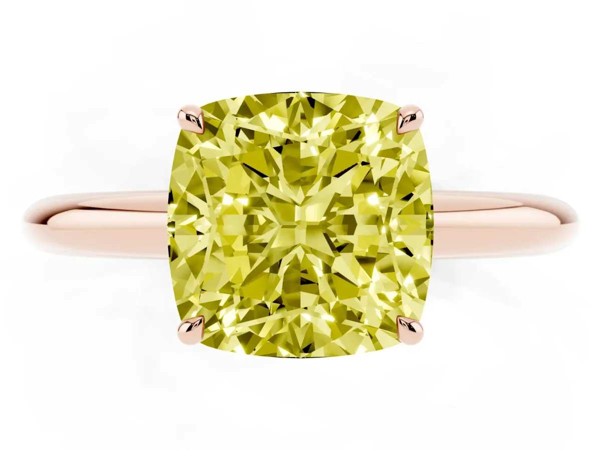 Fancy Yellow Cushion Cut Brilliant Solitaire Engagement Ring with Six-Prong Setting and Classic Band Rose gold