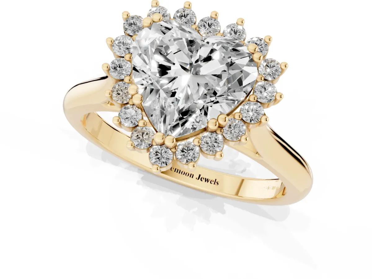 Heart Cut Cut Diamond Halo Ring with Solitaire Band and Prong Setting Yellow gold
